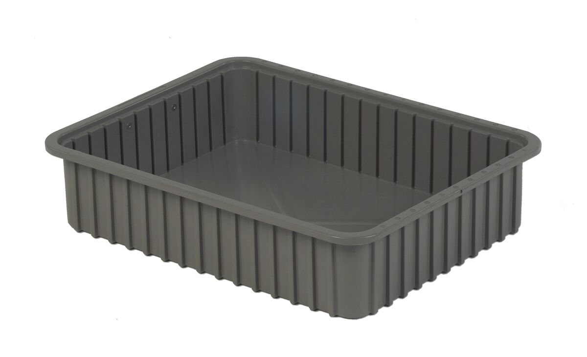 Image of a rectangular, gray plastic tray with ridged sides.