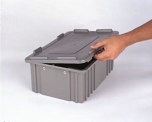 A hand is lifting the lid of a rectangular gray plastic container that is partially open, revealing an empty interior.