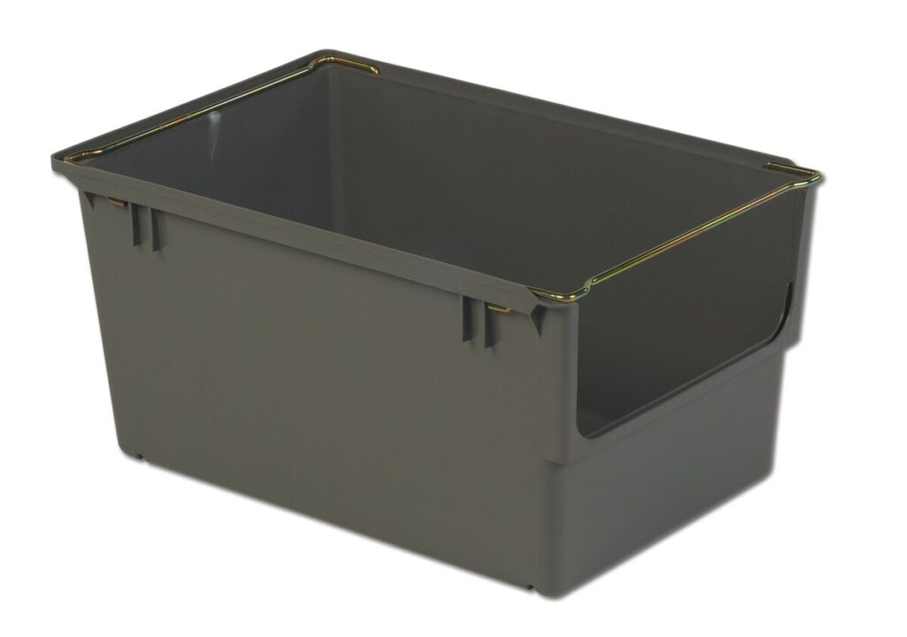 A large, rectangular, open-top gray plastic storage bin with metal handles on its sides. The bin has a deep interior and reinforced edges.