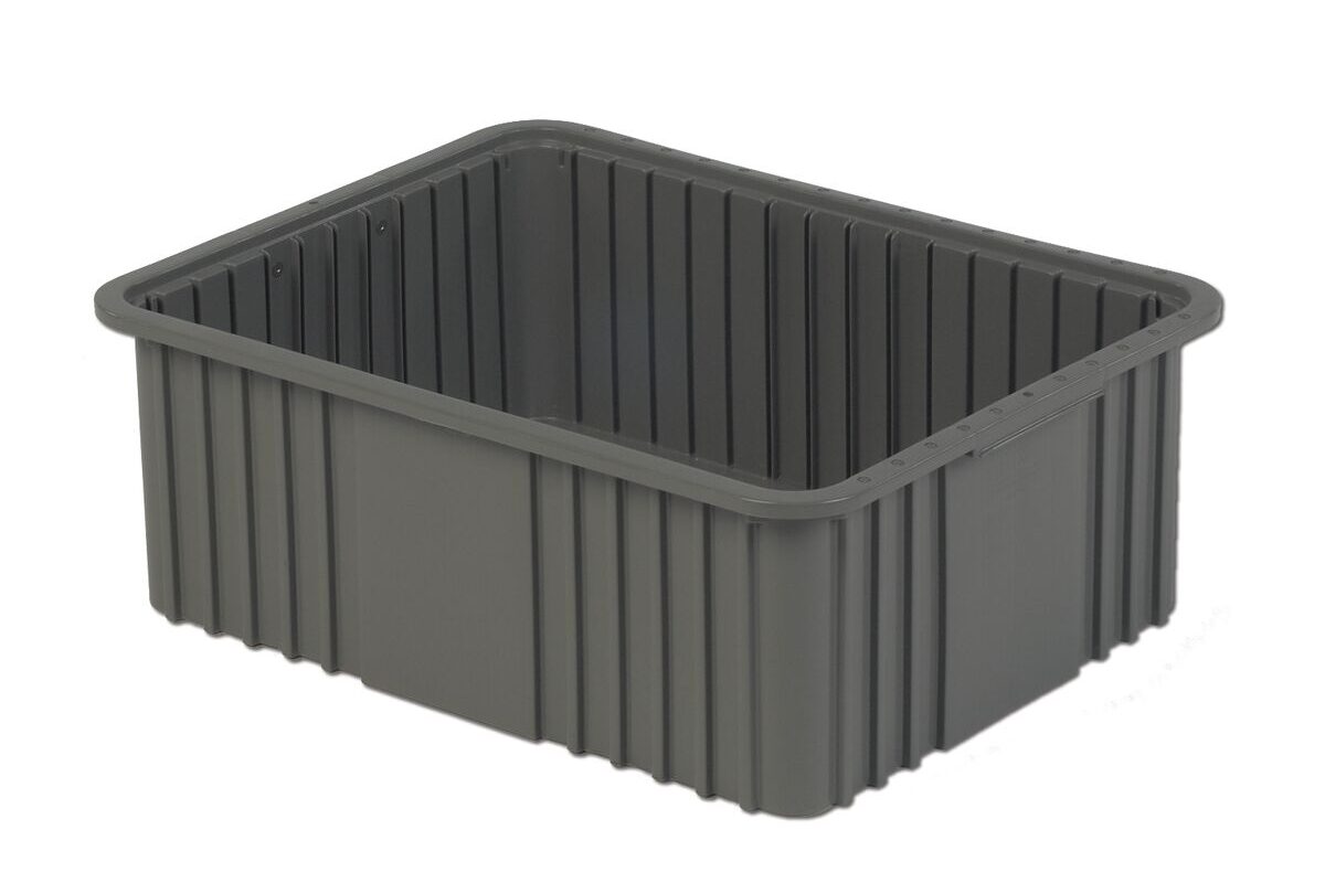 A gray rectangular plastic storage bin with ribbed sides and a flat bottom.