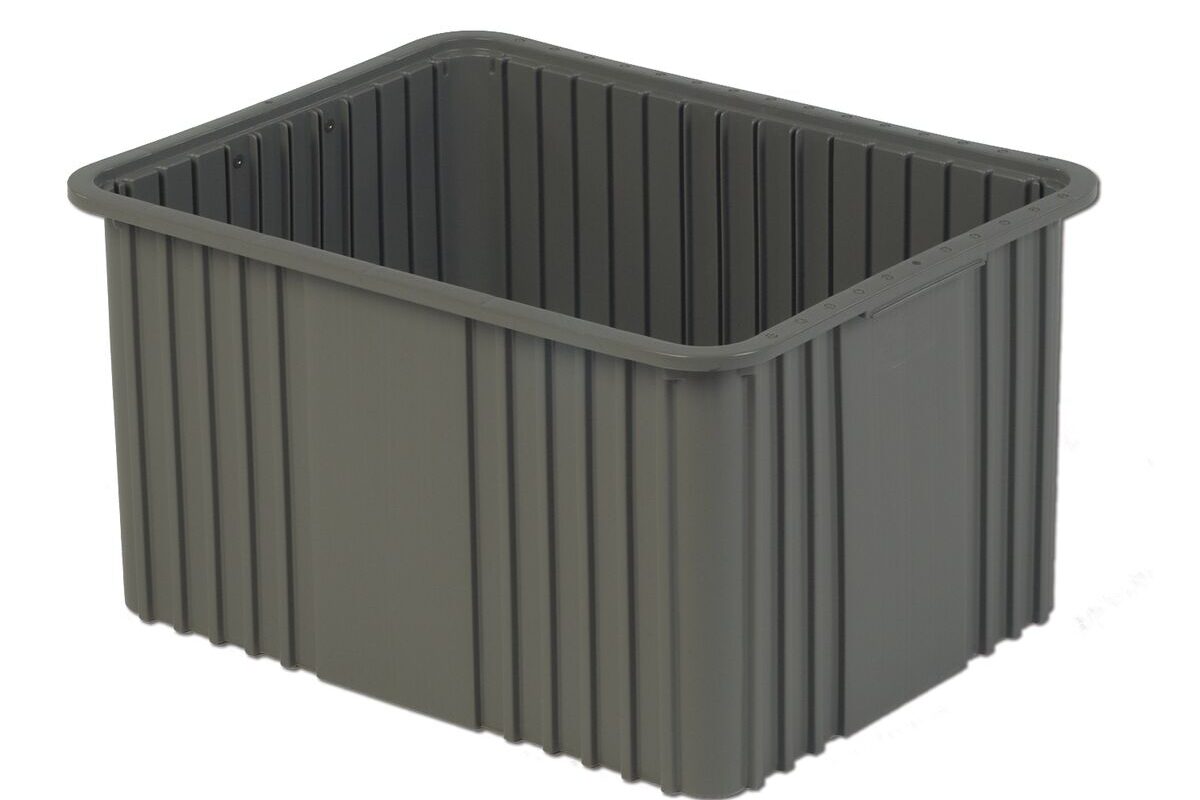 A large, rectangular, gray plastic storage bin with ridged sides.