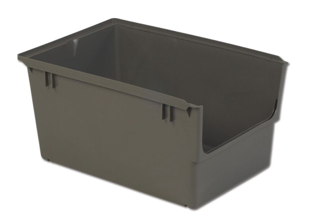 A large, empty, gray plastic storage bin with straight sides and a rectangular shape.