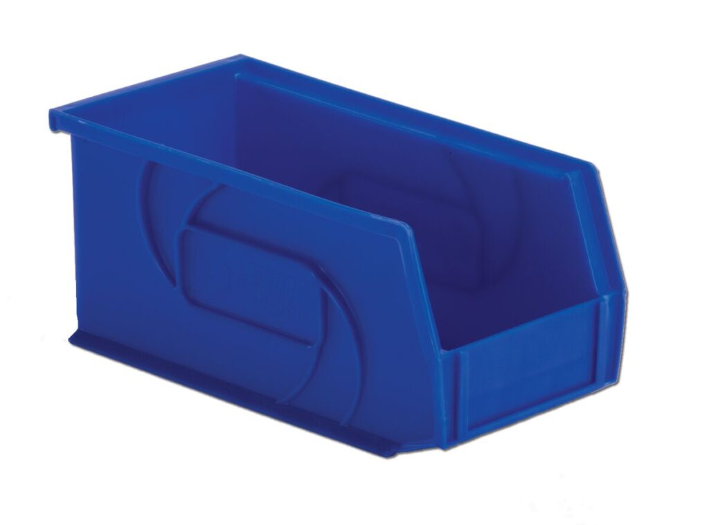 A blue plastic storage bin with an open front for easy access to contents.