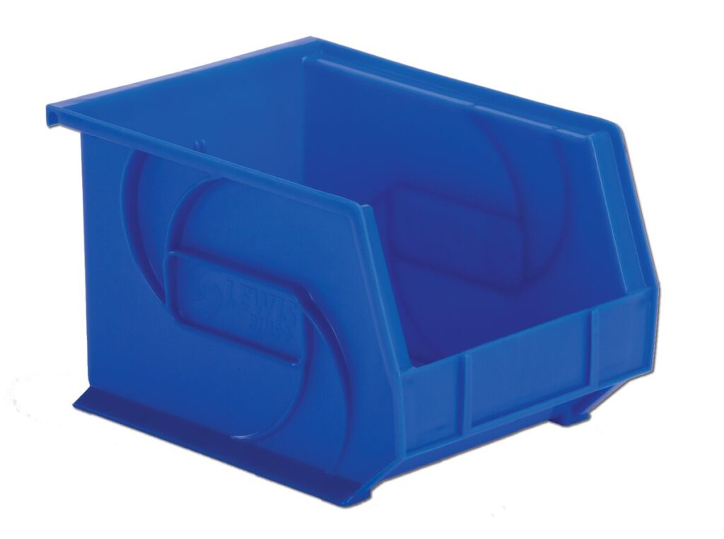 A blue plastic storage bin with an open front and ridged sides designed for organizing small items.