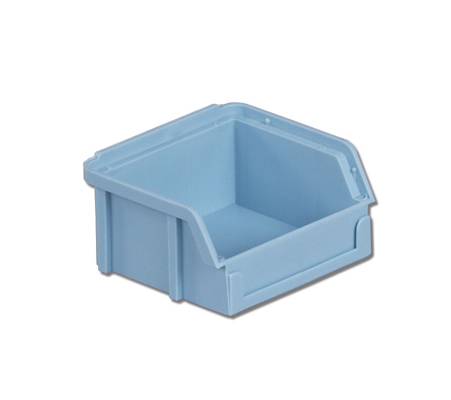 A small blue plastic storage bin with an open front.