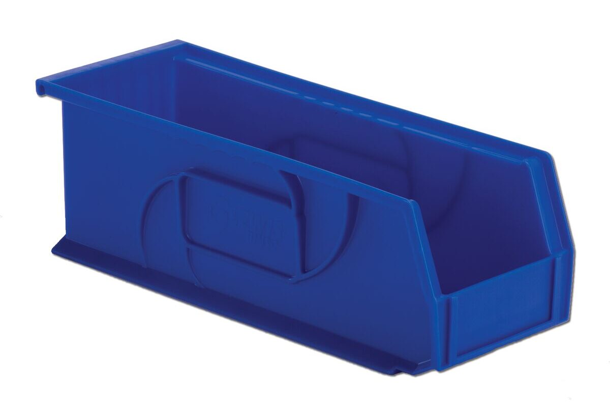 A blue, rectangular storage bin with an open front side, designed for organizing small parts or tools.