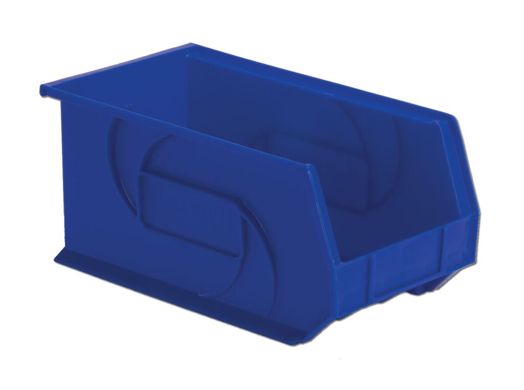 A blue plastic storage bin with an open front and a rectangular shape.