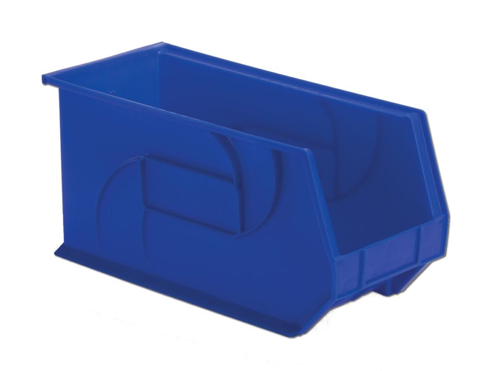 A blue plastic storage bin with an open front and stackable design.