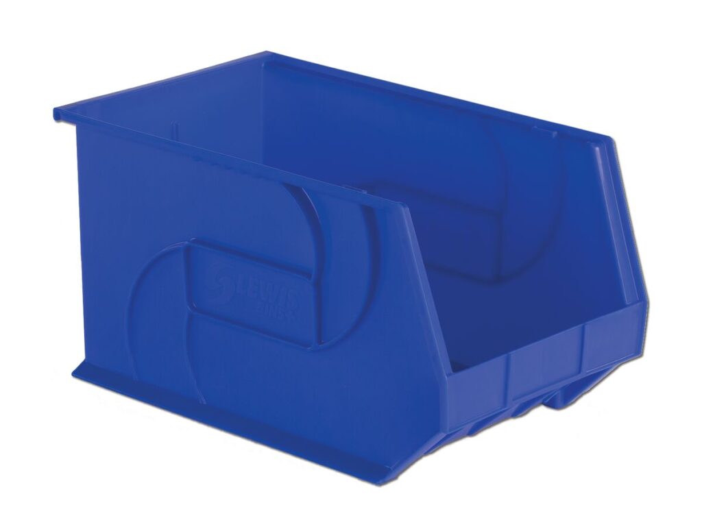 A blue plastic storage bin with a front opening for easy access.