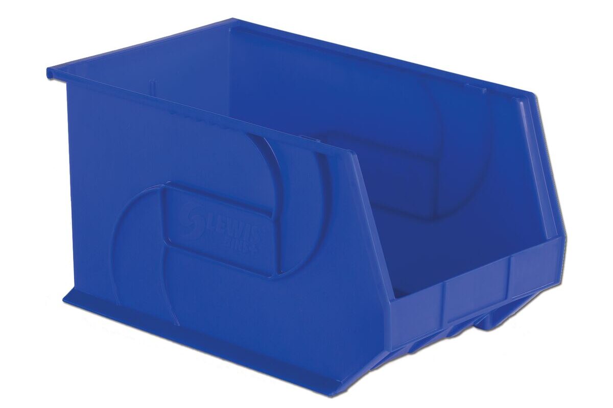 A blue plastic storage bin with a front opening for easy access.