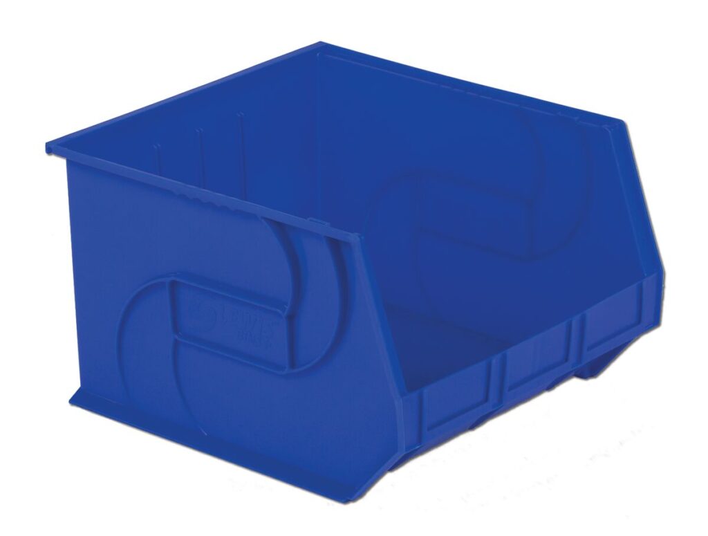 A blue plastic storage bin with an open front.