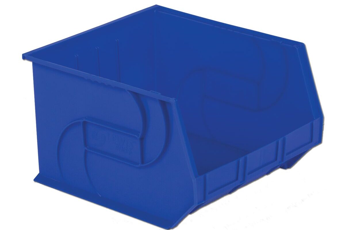 A blue plastic storage bin with an open front.