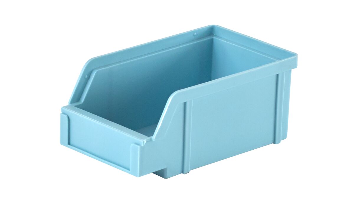 A light blue plastic storage bin with an open front compartment designed for easy access to contents.