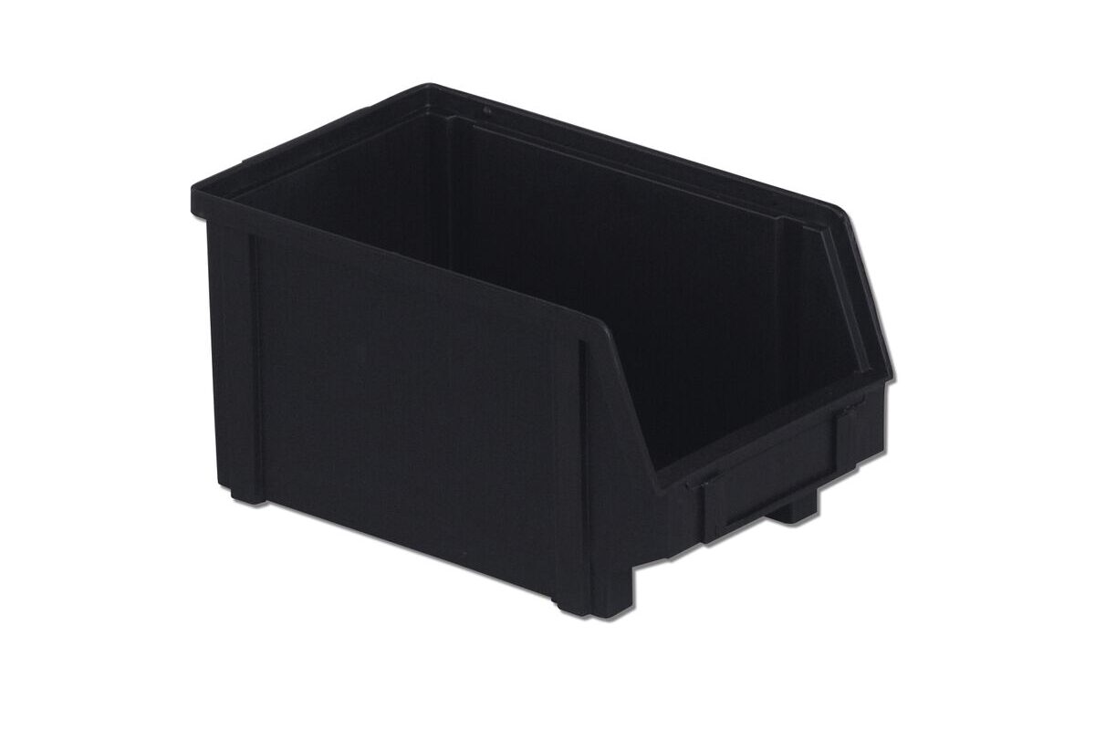 A black plastic storage bin with an open top and a slanted front edge.