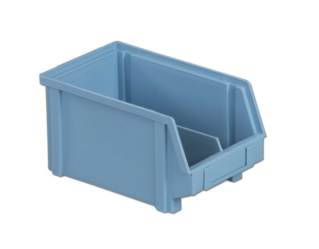 A blue plastic storage bin with an open front and a label holder on the side.