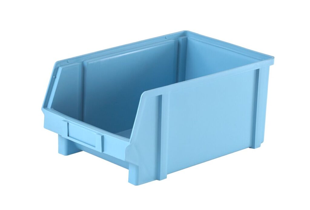 A large, empty blue plastic storage bin with an open front and a rectangular design.