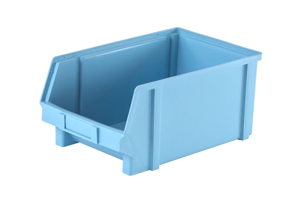 A large, empty blue plastic storage bin with an open front and a rectangular design.