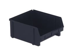 A small black plastic storage bin with an open front and raised sides.