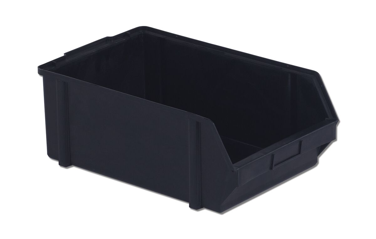 A black plastic storage bin with a partially open front, set against a white background.