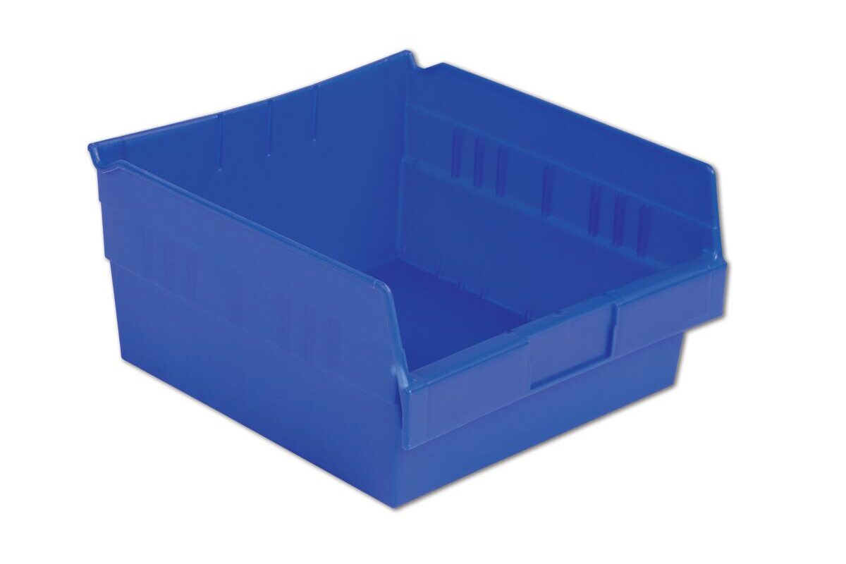 A blue plastic open storage bin with a front label holder and ribbed sides.