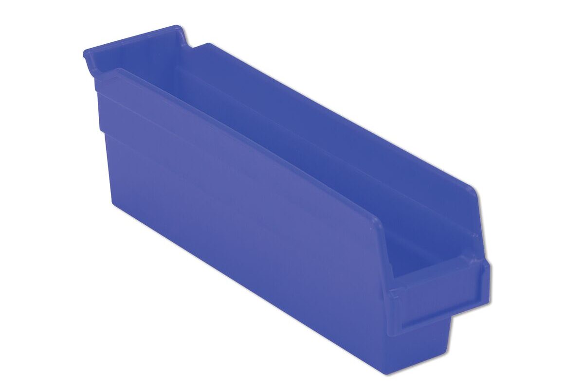 A blue plastic storage bin with an open top and reinforced edges.