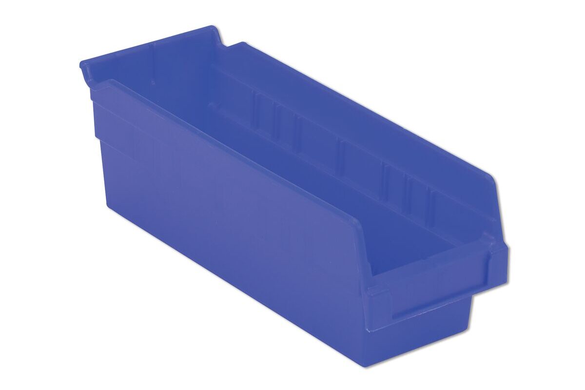 A blue plastic storage bin with a rectangular shape, open top, and a small handle on one side.