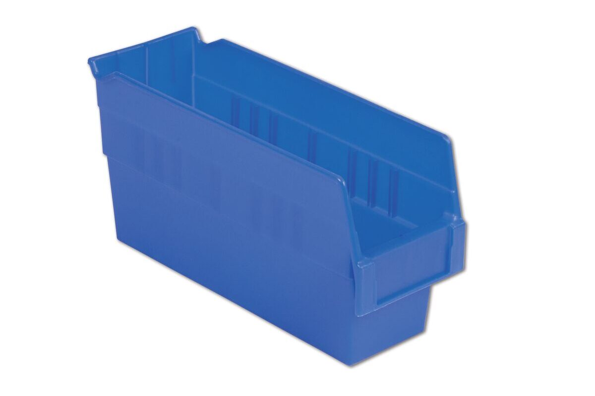 A blue plastic storage bin with an open top and a label slot on the front.