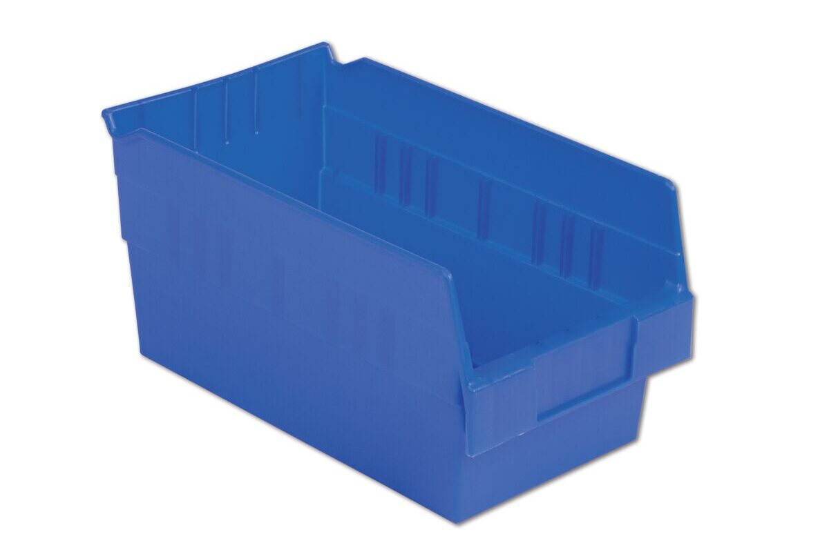 A large blue plastic storage bin with a slanted front and reinforced sides.