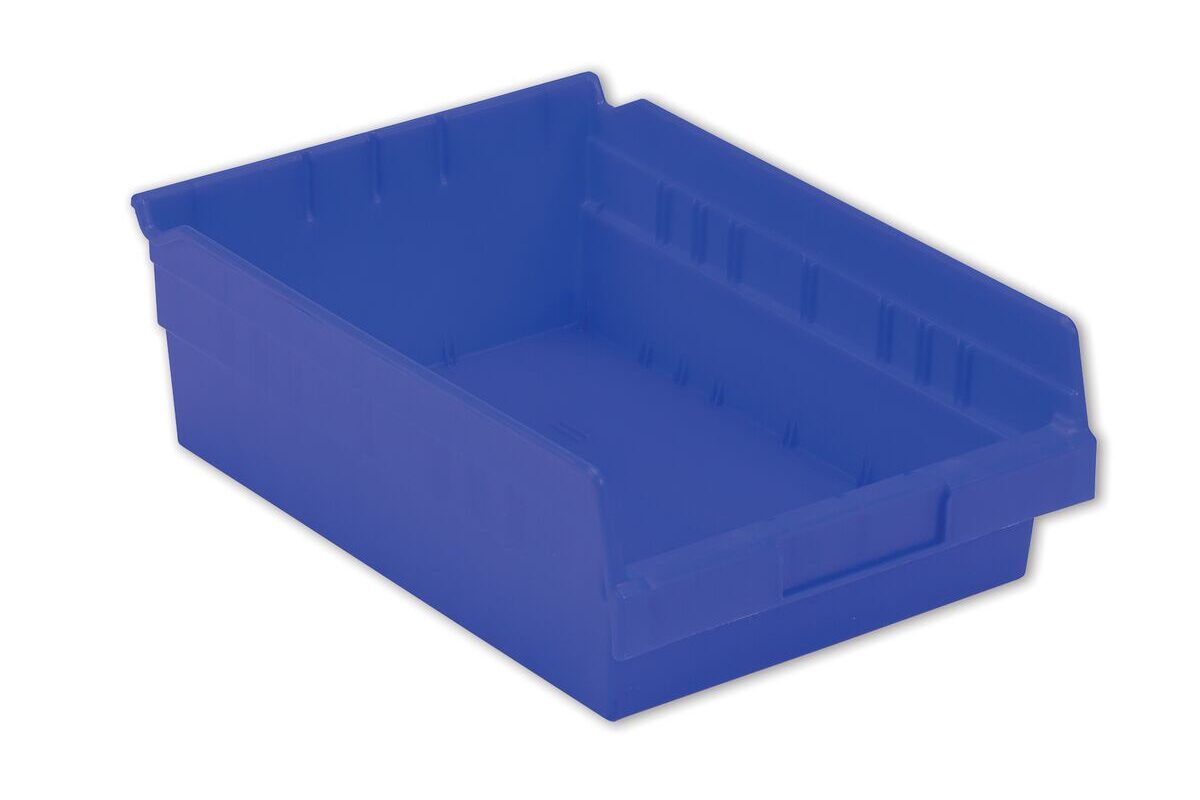 A blue plastic storage bin with a rectangular shape and an open top.