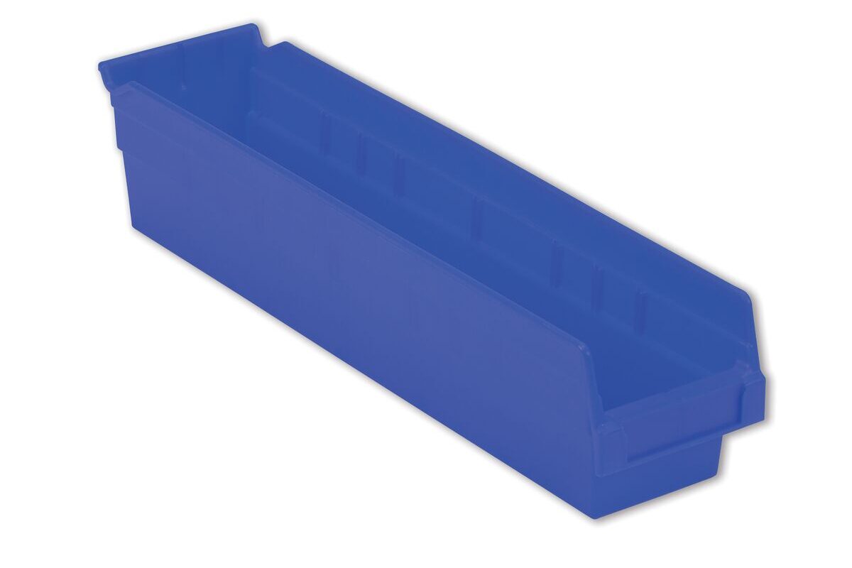 A long, rectangular, blue plastic storage bin with an open top and a slightly tapered design.