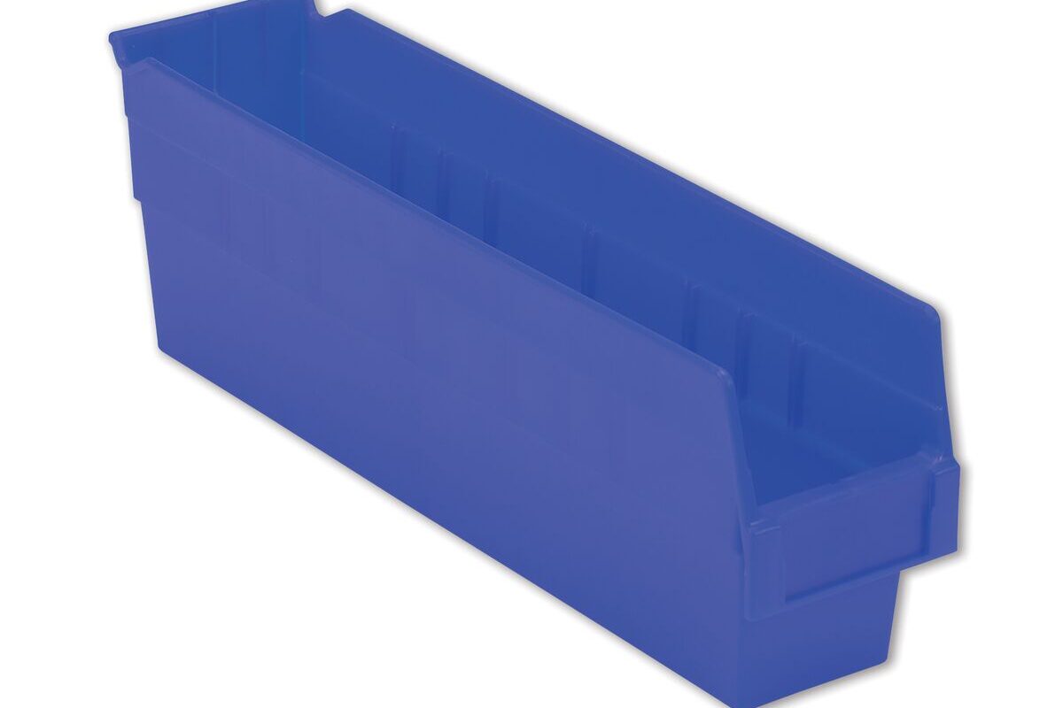 A blue plastic storage bin with a slanted open front and rectangular shape.