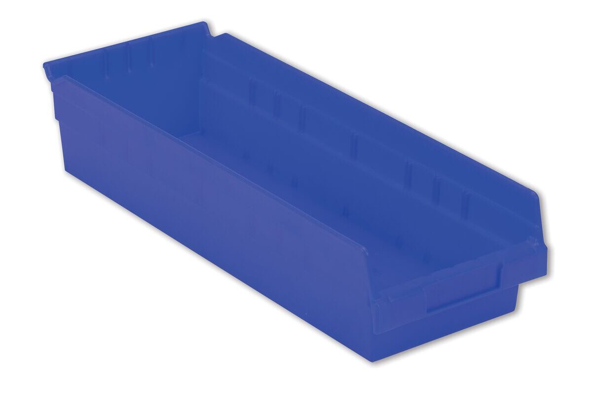 A blue, rectangular plastic storage bin with a slightly sloped front and vertical ridges on the interior walls.