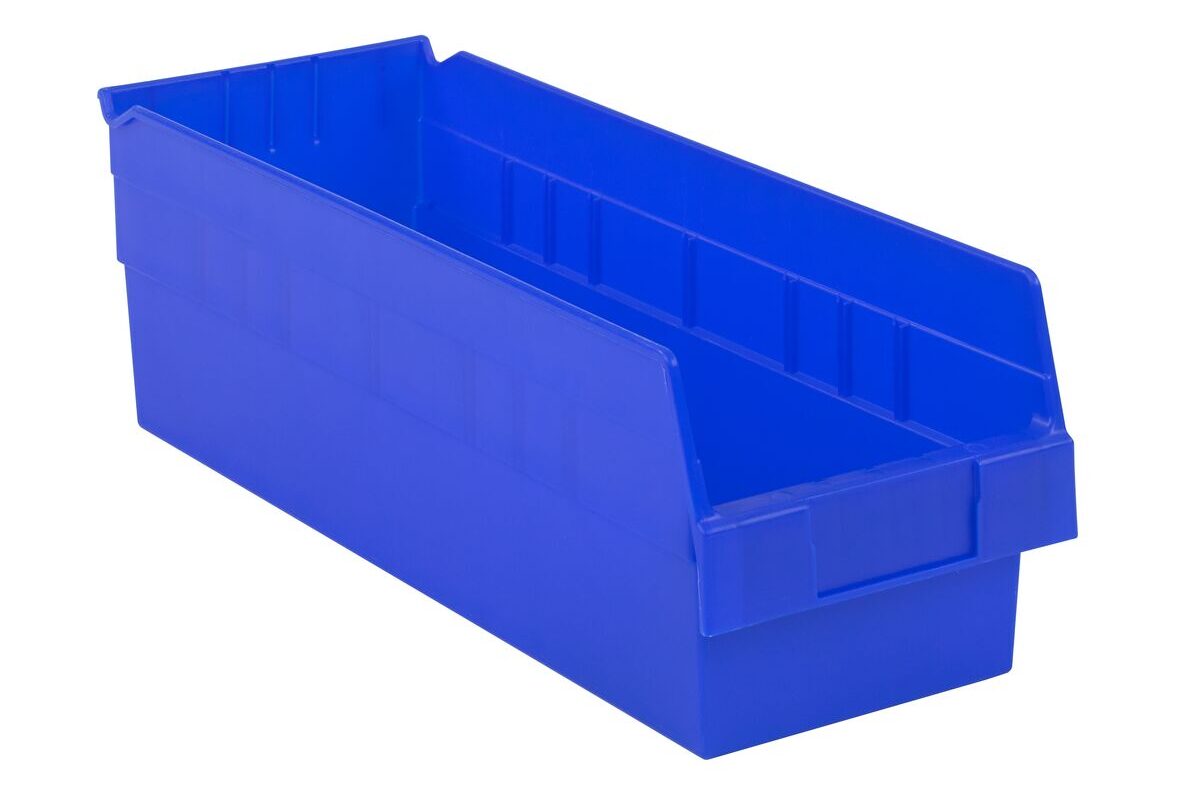 A blue plastic storage bin with an open top and a high back, designed for organizing small items.