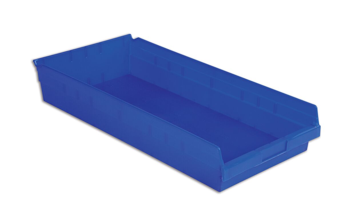 A blue plastic storage bin with a rectangular shape and open front.