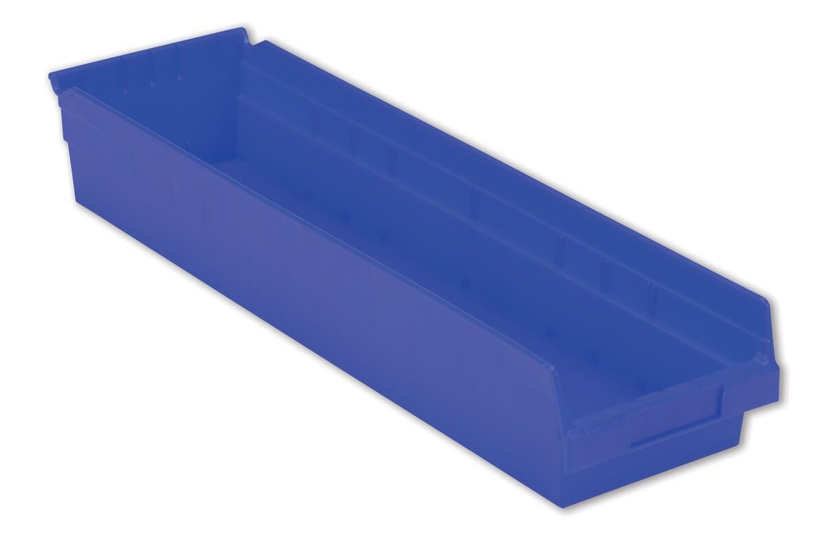 A long, rectangular blue plastic storage bin with an open top and narrow width.