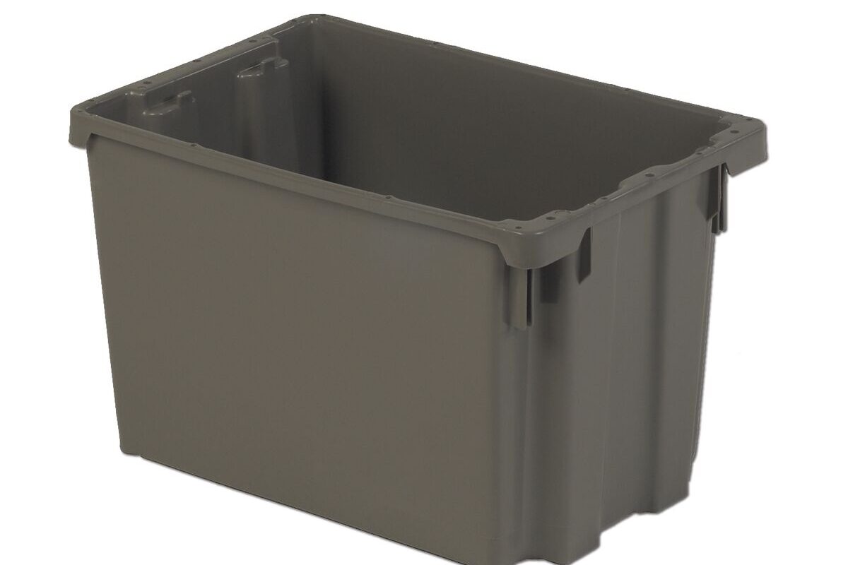 A gray, rectangular, open-top plastic storage bin with reinforced corners and ribbed sidewalls.