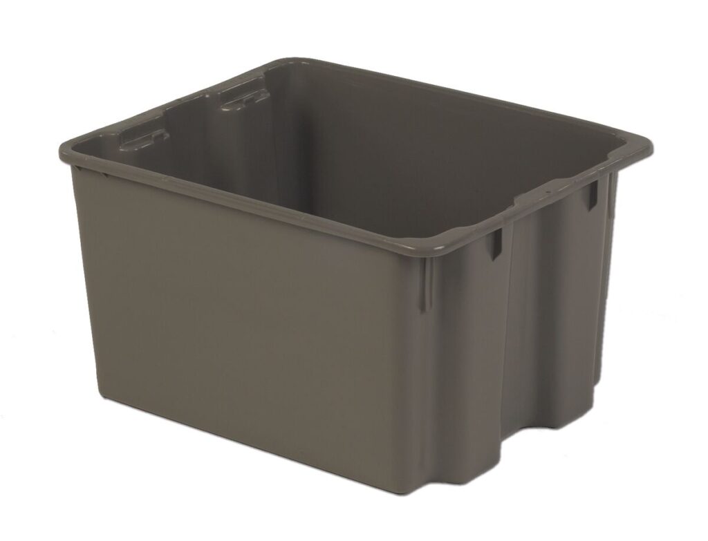 A large, grey rectangular plastic storage bin with reinforced corners and handles on the sides.