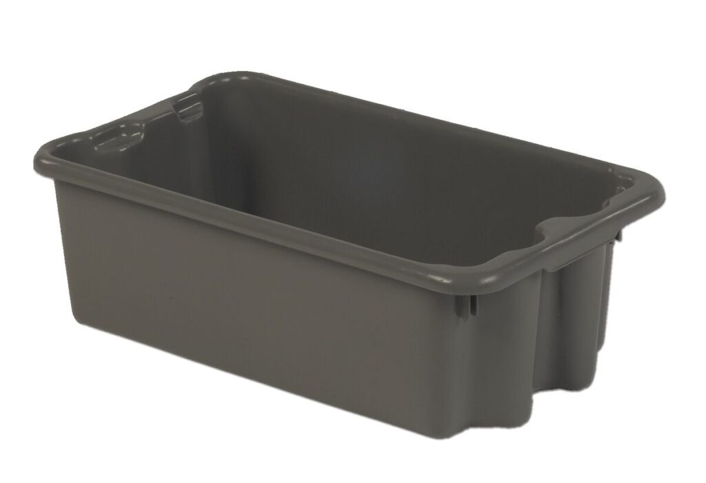 A rectangular, dark gray plastic storage bin with reinforced edges and corners, placed against a white background.