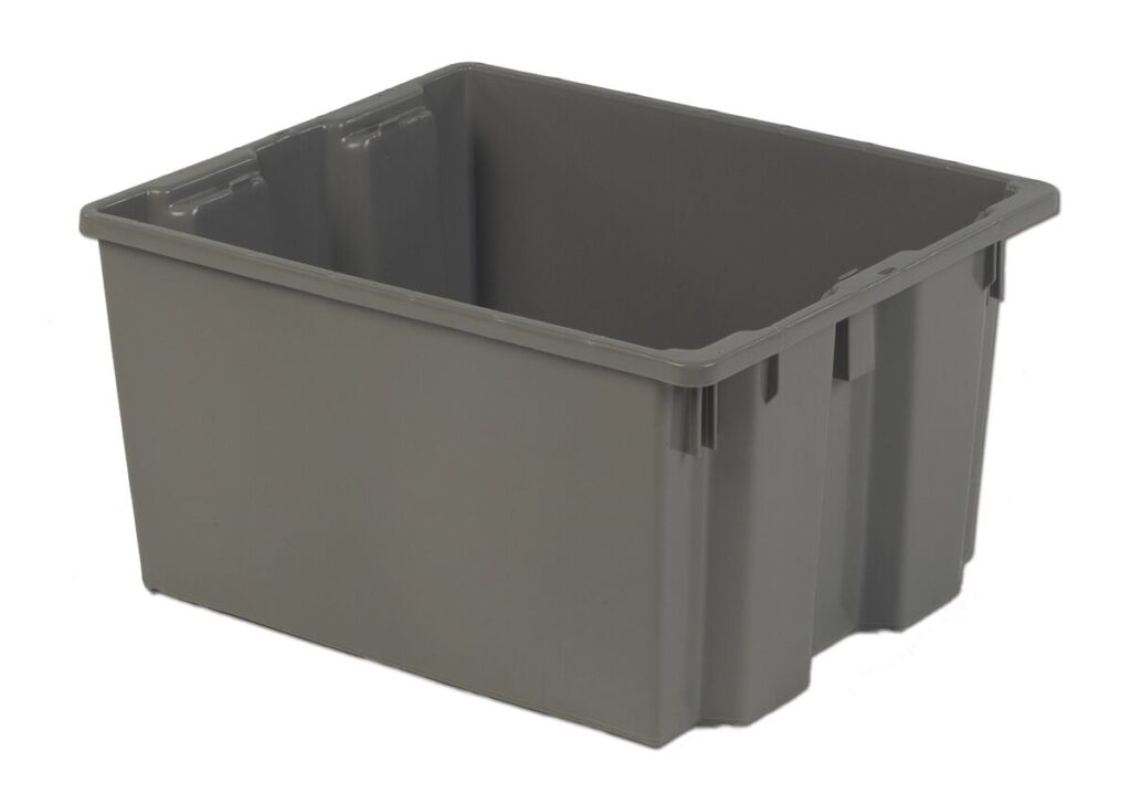 A large, rectangular gray plastic storage bin with reinforced corners and a smooth interior.