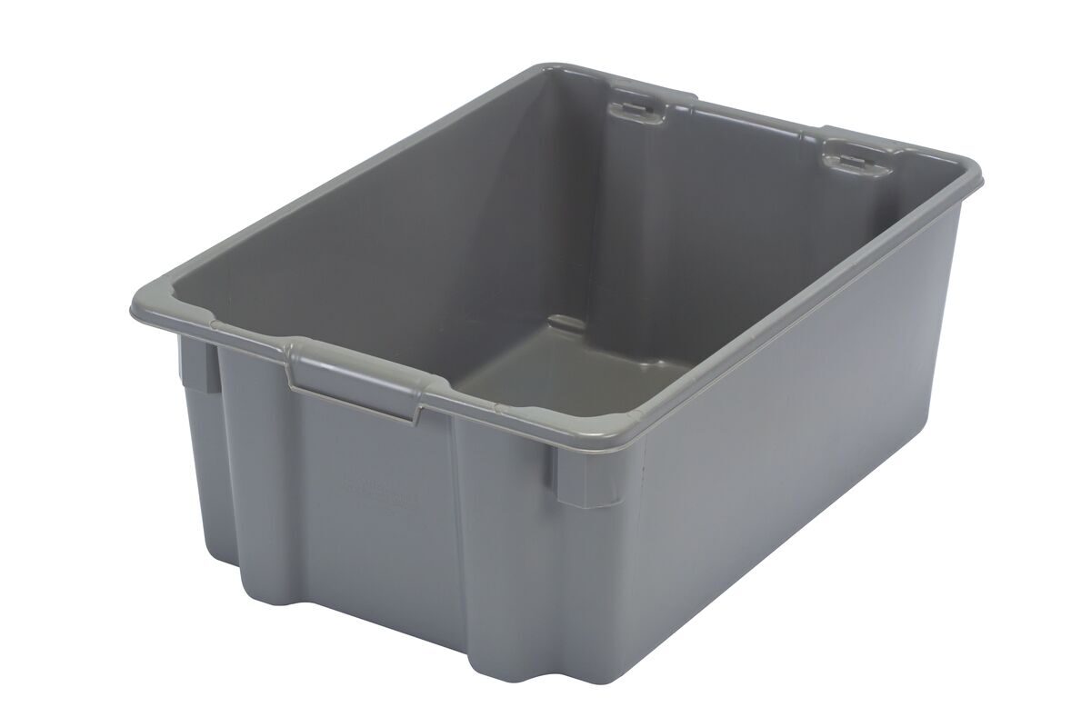 A gray plastic storage bin with reinforced edges and slightly tapered sides.