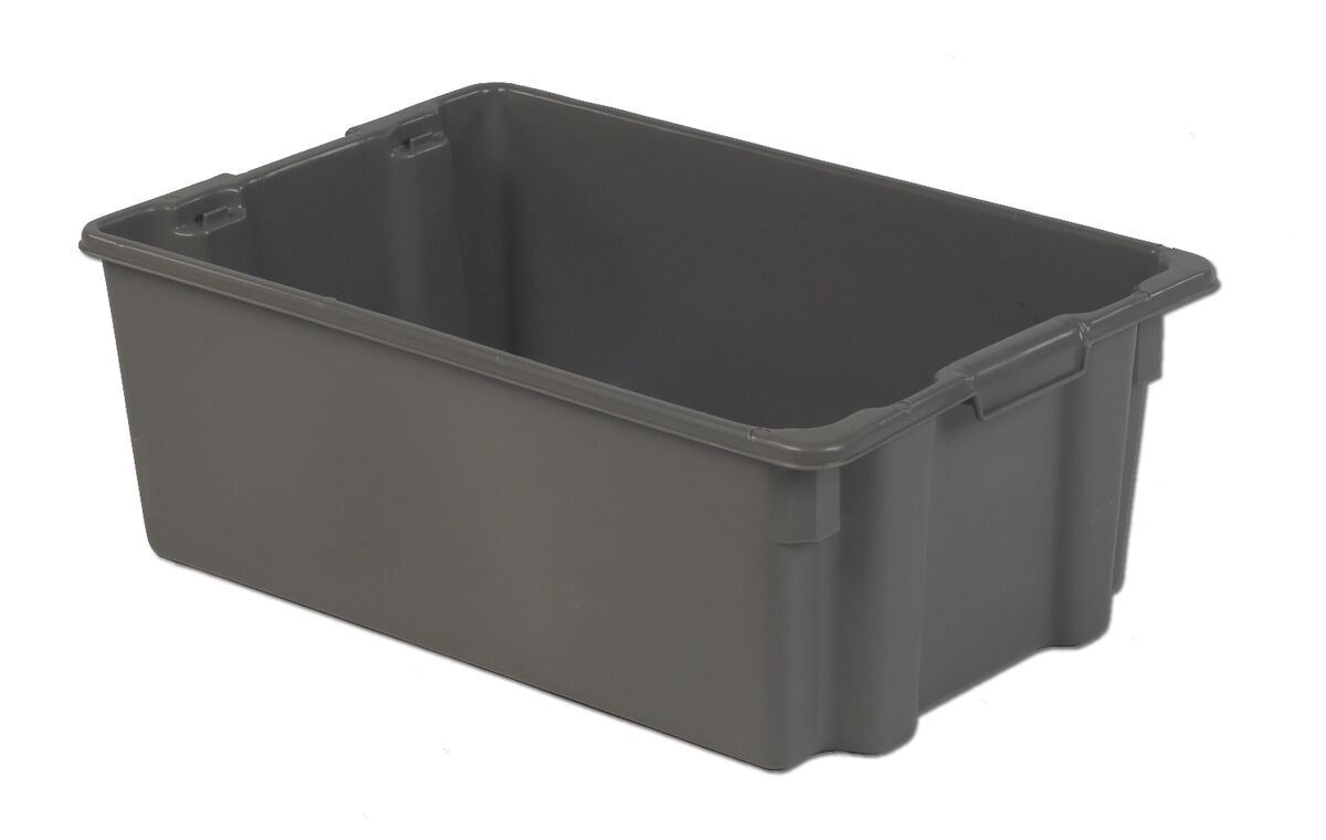 A large, rectangular, gray plastic storage bin with a smooth surface and handles on the shorter sides.