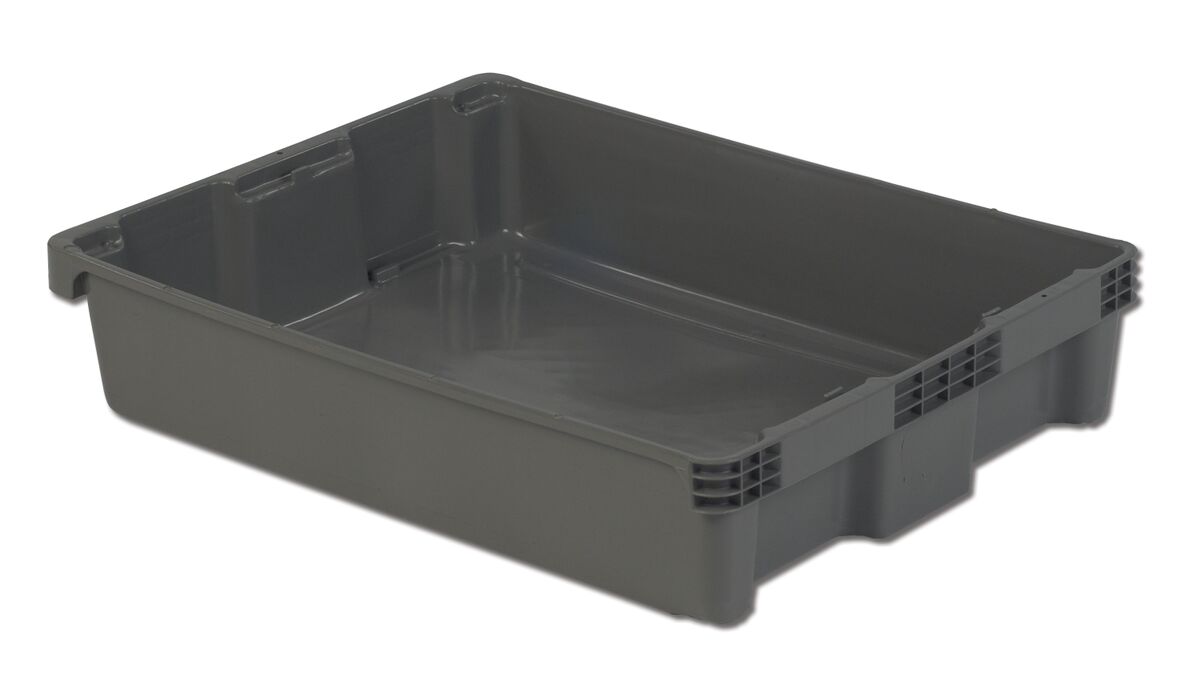 A grey plastic storage bin with a flat bottom and slightly raised edges.