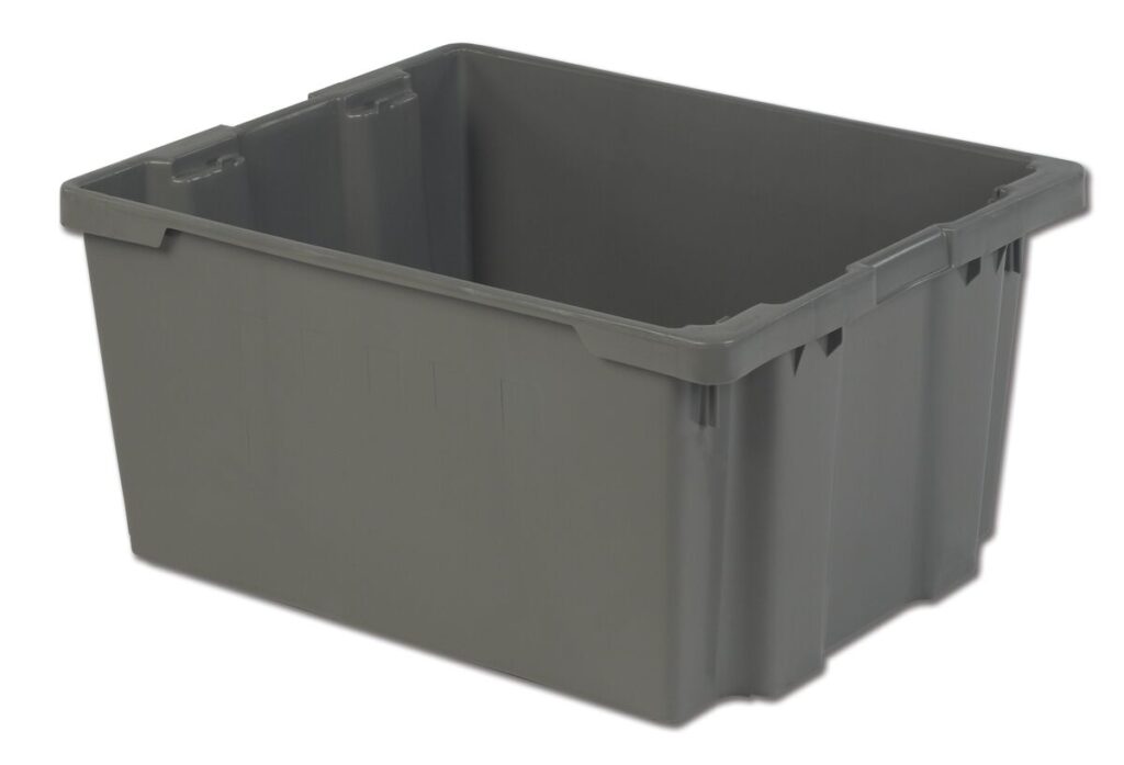 A large, empty, rectangular gray plastic storage bin with reinforced edges and handles on the sides.