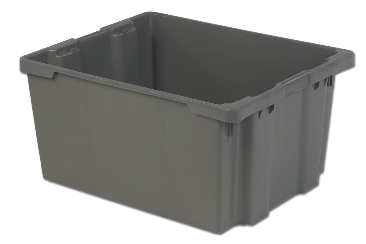 A large, empty, rectangular gray plastic storage bin with reinforced edges and handles on the sides.