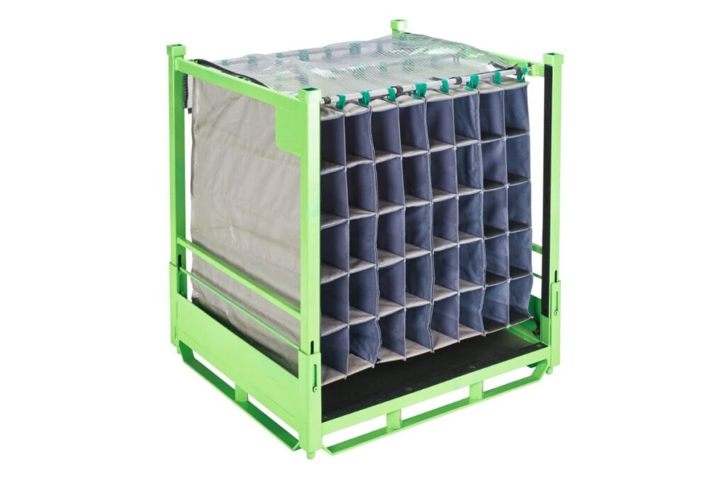 A green metal storage rack with fabric dunnage