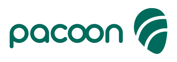 The image shows the "pacoon" logo with stylized green text and an abstract green emblem to the right.