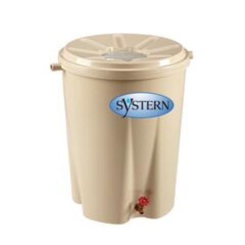 A beige cylindrical container with a lid, labeled "Systern," featuring a spigot at the bottom.